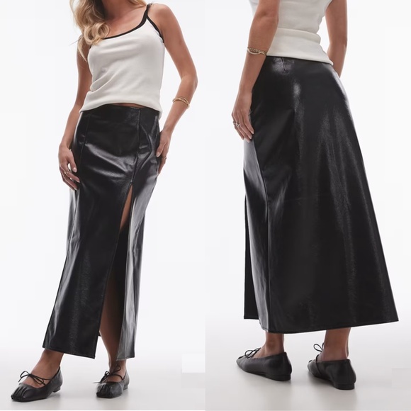 NEW TOPSHOP Black VINYL Double Slit FAUX LEATHER Rocker Chic MAXI SKIRT US 8 - Picture 2 of 16